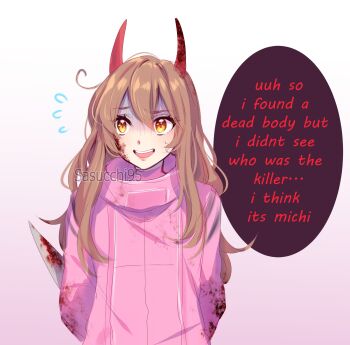 1girl among_us arms_behind_back artist_name artist_self-insert blood blood_on_cheek blood_on_clothes blood_on_face bloody_knife brown_hair commentary cowlick double-parted_bangs english_commentary english_text flying_sweatdrops gradient_background hair_between_eyes highres holding holding_knife horns jacket knife long_hair long_sleeves looking_to_the_side nervous_smile nervous_sweating open_mouth orange_eyes original pink_background pink_jacket red_horns sasucchi95 shaded_face sidelocks simple_background smile solo sweat teeth tongue upper_body upper_teeth_only white_background