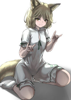 Rule 34 | 1girl, absurdres, amidara, animal ears, blonde hair, breasts, closed mouth, commentary request, double fox shadow puppet, fox ears, fox girl, fox shadow puppet, fox tail, full body, green ribbon, hair between eyes, hands up, highres, kudamaki tsukasa, long hair between eyes, looking at viewer, ribbon, romper, seiza, short hair, short sleeves, simple background, sitting, sleeve ribbon, small breasts, smile, socks, solo, split mouth, spread legs, tail, touhou, white background, white romper, white socks, yellow eyes