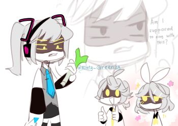 1boy 2girls cosplay hatsune_miku hatsune_miku_(cosplay) highres j_(murder_drones) kagamine_len kagamine_len_(cosplay) kagamine_rin kagamine_rin_(cosplay) looking_at_viewer minty_greenzy multiple_girls murder_drones n_(murder_drones) robot short_hair short_sleeves simple_background smile v_(murder_drones) vocaloid yellow_eyes