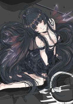 1girl absurdres arknights armband black_dress black_hair black_halo blunt_bangs breasts broken_halo brown_eyes cello cleavage collar covered_erect_nipples dark_halo dress energy_wings frilled_dress frills from_above halo highres hime_cut instrument ken_(shutenndouji1) long_hair looking_at_viewer parted_lips simple_background sitting strap very_long_hair virtuosa_(arknights) wariza