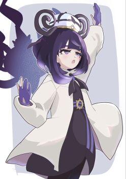 1girl :o arm_up belt belt_buckle black_dress buckle chandelure coat delta_delta dress gen_5_pokemon gloves gwynn_(pokemon) hat highres long_sleeves nintendo o-ring o-ring_belt open_clothes open_coat open_mouth pantyhose partially_fingerless_gloves pokemon pokemon_(creature) pokemon_legends:_z-a purple_eyes purple_gloves purple_hair short_hair white_coat white_hat