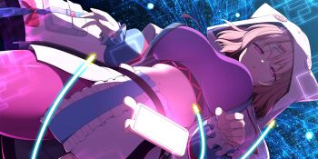 1girl alternate_costume artist_request breasts cellphone from_below game_cg hair_ornament highres hood hood_up hoodie large_breasts long_sleeves looking_at_viewer midriff navel official_art pantyhose phone pink_eyes pink_hair pink_pantyhose puffy_long_sleeves puffy_sleeves saigyouji_yuyuko saigyouji_yuyuko_(cyber_ghost) science_fiction skirt smartphone solo third-party_source touhou touhou_lostword white_hoodie white_skirt