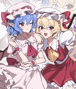 2girls absurdres ascot bat_wings blonde_hair blue_hair brooch closed_mouth collared_shirt commentary crystal crystal_wings flandre_scarlet frilled_shirt_collar frilled_skirt frills hat hat_ribbon highres jewelry looking_at_viewer medium_hair mob_cap multicolored_wings multiple_girls one_eye_closed one_side_up pink_hat pink_shirt pink_skirt pointy_ears puffy_short_sleeves puffy_sleeves red_ascot red_eyes red_skirt red_vest remilia_scarlet ribbon shirt short_sleeves siblings sisters skirt skirt_set smile touhou uehara_suiyo vest white_hat white_shirt wings wrist_cuffs yellow_ascot zoom_layer