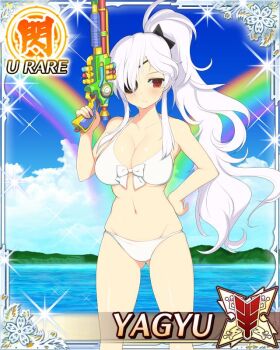 Rule 34 | 1girl, ass, beach, bikini, border, breasts, card (medium), character name, cleavage, eyepatch, game cg, gluteal fold, hand on own hip, holding, holding water gun, large breasts, light frown, long hair, looking to the side, mountainous horizon, navel, ocean, official alternate hairstyle, official art, ponytail, rainbow bikini, red eyes, senran kagura, senran kagura new wave, senran kagura peach beach splash, shuriken hair ornament, solo, swimsuit, third-party source, very long hair, water gun, white bikini, white hair, yaegashi nan, yagyu (senran kagura)