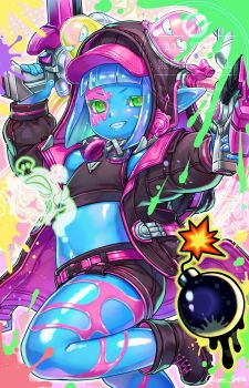 1girl ankle_boots anz_latte black_boots black_jacket black_shorts blue_hair blue_skin blunt_bangs bomb boots colored_eyelashes colored_skin crop_top detached_hood explosive final_fantasy final_fantasy_xiv foot_out_of_frame green_eyes grin gun headphones headphones_around_neck highres holding holding_gun holding_weapon hood hood_up jacket lalafell leg_up looking_at_viewer monster_girl navel open_clothes open_jacket paint_splatter pointy_ears shiny_skin short_hair shorts slime_girl smile solo sugar_riot weapon