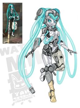 1girl aqua_eyes aqua_hair breasts commentary english_commentary full_body hatsune_miku highres hose industrial_pipe joints long_hair lordyanyu mechanical_hair mechanization photo-referenced photo_inset reference_inset robot robot_girl robot_joints smile solo twintails twitter_username very_long_hair vocaloid white_background
