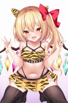 1girl :d alternate_costume black_thighhighs blonde_hair blush bow breasts collarbone commentary_request corrupted_twitter_file crop_top crystal_wings demon_horns double_v fake_horns fang flandre_scarlet furrowed_brow hair_between_eyes hair_bow hands_up highres horns kneeling knees_out_of_frame long_hair looking_at_viewer miniskirt navel no_headwear no_shoes oni_costume open_mouth pleated_skirt red_bow red_eyes setsubun shirotsuki_shirone side_ponytail simple_background skin_fang skindentation skirt small_breasts smile solo stomach thighhighs thighs touhou v white_background wings yellow_skirt