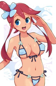 1girl bikini breasts covered_erect_nipples dark-skinned_female dark_skin flower large_breasts long_hair looking_to_the_side micro_bikini nintendo open_mouth pokemon pokemon_bw pucchin_prnsk red_hair skyla_(pokemon) swimsuit teeth upper_teeth_only