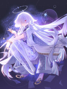 Rule 34 | 1girl, absurdres, chinese commentary, chromatic aberration, closed mouth, colored eyelashes, commentary request, dress, earrings, full body, grey hair, guguge, halo, hand up, highres, jacket, jewelry, long hair, looking at viewer, mornye (wuthering waves), paper, partial commentary, purple dress, red eyes, see-through body, sky, solo, space, star (sky), starry sky, tacet mark (wuthering waves), triangle earrings, very long hair, white jacket, wuthering waves