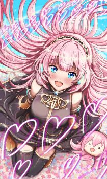1girl alt_text black_boots black_hairband black_shirt black_skirt blue_eyes blush boots breasts brooch commentary commentary_request detached_sleeves english_commentary hairband heart highres jewelry looking_at_viewer megurine_luka open_mouth pink_hair shin160_4126 shirt skirt sleeveless sleeveless_shirt solo takoluka teeth thigh_boots tongue twitter_username upper_teeth_only vocaloid yellow_sleeves