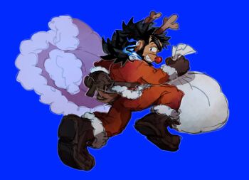 Rule 34 | 1boy, animal costume, antlers, bara, beard, black hair, blue fire, chibi, chibi only, chinstrap beard, christmas, commentary, dark-skinned male, dark skin, deformed, dress, english commentary, facial hair, facial scar, fire, foreshortening, forked eyebrows, from behind, full body, fur-trimmed dress, fur trim, gift, grin, highres, holding, holding sack, horns, looking at viewer, male focus, mature male, mestses, mustache stubble, red nose, reindeer antlers, reindeer costume, sack, sandayu (housamo), santa costume, scar, scar on cheek, scar on face, smile, solo, stubble, thick eyebrows, tokyo houkago summoners