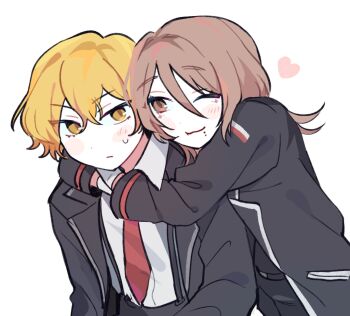 1boy 1girl artist_self-insert black_suit blonde_hair blush brown_eyes brown_hair bwuclair couple cowboy_shot formal_clothes hair_between_eyes heart hetero highres hug hug_from_behind limbus_company long_sleeves looking_at_viewer necktie one_eye_closed original project_moon red_necktie shirt short_hair simple_background sinclair_(project_moon) smile suit sweat white_background white_shirt yellow_eyes