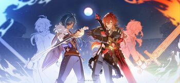 2boys absurdres antenna_hair architecture artist_name belt black_belt black_coat black_gloves blue_eyes blue_fire blue_pants blue_vest brown_belt cape cleavage_cutout closed_mouth clothing_cutout coat collared_shirt commentary commentary_request crossed_bangs dark-skinned_male dark_skin diluc_(genshin_impact) earrings embers english_commentary eyepatch favonius_greatsword_(genshin_impact) favonius_sword_(genshin_impact) fingerless_gloves fire floating_hair full_moon fur-trimmed_cape fur-trimmed_coat fur_trim genshin_impact gloves gold_trim greatsword grey_cape grey_pants grey_shirt hair_between_eyes hair_over_shoulder hand_up highres holding holding_sword holding_weapon jewelry kaeya_(genshin_impact) lapels long_hair long_sleeves looking_at_viewer low_ponytail male_focus mixed-language_commentary moon multicolored_gloves multicolored_hair multiple_boys night one_eye_covered open_clothes open_coat outdoors pants parted_bangs perdizzion ponytail red_eyes red_gloves shirt sidelocks single_earring sky sleeve_cuffs smile smirk standing streaked_hair studded_belt sword tassel thigh_strap two-tone_gloves vest weapon white_shirt white_vest wolf's_gravestone_(genshin_impact)