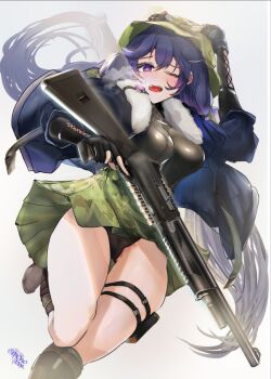 1girl artist_name benelli_m1 blue_jacket blush breasts camouflage camouflage_skirt commentary_request girls'_frontline girls'_frontline_2:_exilium green_hat green_skirt gun hat holding holding_gun holding_weapon jacket long_hair looking_at_viewer lotta_(girls'_frontline_2) one_eye_closed open_clothes open_jacket open_mouth purple_hair shotgun simple_background skirt solo sweat takei_(jamfusion) trigger_discipline twitter_username user_interface weapon white_background