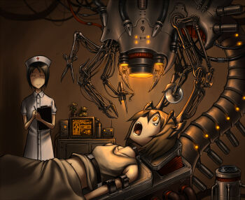 2girls bdsm bondage bound cable character_request circular_saw claws copyright_request dentist flower flower_pot gia guro gynecology_chair imminent_torture lower_teeth_only machine mecha midriff multiple_girls navel nightmare nurse open_mouth restrained robot saw scared scissors sepia smile stationary_restraints strap stuffed_animal stuffed_toy tears teddy_bear teeth torture upper_teeth_only