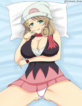 Rule 34 | bare shoulders, blush, breasts, brown hair, cleavage, cosplay, crimson scar, crossover, dawn (pokemon), dawn (pokemon) (cosplay), dress, green eyes, haruka (senran kagura), hat:q, large breasts, medium hair, nintendo, on bed, panties, pillow, pokemon, pokemon (anime), pokemon dppt (anime), scarf, senran kagura, short dress, sleeveless, underwear, voice actor connection, watch
