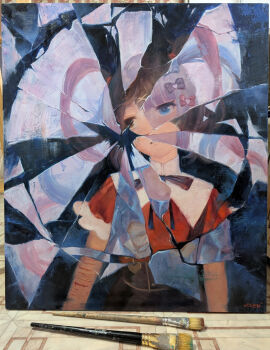 1girl ame-chan_(needy_girl_overdose) black_eyes black_hair blonde_hair blue_eyes blue_hair blue_sailor_collar bow chest_bow chouzetsusaikawa_tenshi-chan cowboy_shot dual_persona hair_bow heterochromia highres looking_to_the_side multiple_hair_bows neck_ribbon needy_girl_overdose oil_painting_(medium) painting_(medium) pink_hair quad_tails red_shirt revealing_layer ribbon sailor_collar scar scar_on_arm self-harm shirt skirt suspender_skirt suspenders traditional_media wrist_cutting yuuren_kyouko