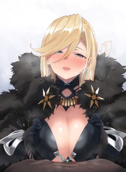 Rule 34 | 1boy, 1girl, black bodysuit, black cape, blonde hair, blue eyes, blush, bodysuit, breasts, breasts squeezed together, cape, cleavage, cleavage cutout, clothing cutout, dark-skinned male, dark skin, earrings, fur-trimmed cape, fur trim, futeiki kaisai shin corner, hair between eyes, hetero, highres, idola phantasy star saga, jewelry, large breasts, long hair, looking at viewer, open mouth, paizuri, phantasy star, phantasy star online 2, shannon (idola), smile, swept bangs