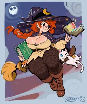 1girl artist_name belt black_eyes black_nails black_pantyhose blue_cape blue_eyes blue_hat body_freckles book boots braid breasts broom broom_riding brown_boots buck_teeth cape cat chest_freckles cleavage cloud commentary_request curvy dress ear_piercing freckles full_body full_moon furrowed_brow glasses gobbsy_art hamster hat highres holding holding_book index_finger_raised large_breasts legs_together long_hair long_sleeves looking_to_the_side magic moon night no_pupils one_eye_closed original pantyhose piercing red_hair round_eyewear sitting sky smile solo sparkle teeth thick_thighs thighs wide_hips witch witch_hat yellow_dress