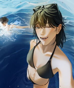 1boy 1girl :d bikini black_hair bob_cut breasts cleavage eyewear_on_head feet_out_of_frame grin half-closed_eye han_sooyoung highres jozllie kim_dokja looking_at_viewer mole mole_under_eye ocean omniscient_reader&#039;s_viewpoint open_mouth ripples short_hair smile splashing sunglasses swimsuit taking_picture toned toned_female wading waves