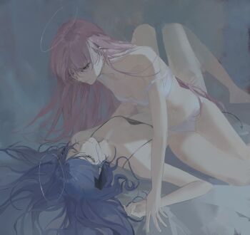 2girls absurdres arknights black_bra blue_eyes blue_hair bra breasts closed_mouth collarbone g_xio111 halo highres horns lemuen_(arknights) long_hair lying medium_breasts mostima_(arknights) multiple_girls navel on_back panties pink_eyes pink_hair stomach strap_slip sweatdrop tail underwear underwear_only white_bra white_panties yuri