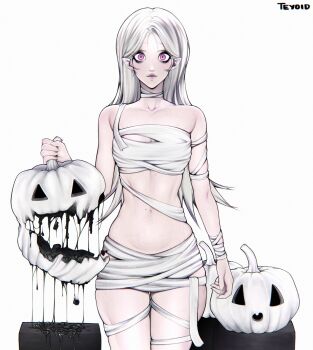 1girl bandages black_liquid breasts closed_mouth collarbone commentary constricted_pupils cowboy_shot english_commentary halloween_costume highres holding holding_pumpkin lips long_hair looking_at_viewer mummy_costume naked_bandage navel nose original parted_hair pink_eyes pointy_ears pumpkin simple_background solo straight-on teyoid white_background white_hair white_pumpkin