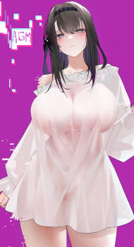 1girl arknights bare_shoulders blush bra breasts brown_hair cleavage commentary_request grey_eyes hairband highres large_breasts long_hair long_sleeves looking_at_viewer no_pants off_shoulder omone_hokoma_agm panties priestess_(arknights) red_panties see-through_cleavage see-through_clothes shirt solo thighs underwear white_bra white_shirt