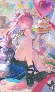 1girl absurdres ahoge balloon bare_shoulders birthday_cake black_bow black_shoes black_shorts blue_eyes blue_hair bow breasts cake chain chinese_commentary colored_inner_hair commentary_request confetti denia_(wuthering_waves) drawn_whiskers dress food gloves hair_bow hair_intakes hair_ornament heart_balloon highres holding holding_cake holding_food indoors knees_up kosaka_kaslana long_hair looking_at_viewer medium_breasts multicolored_hair official_art_inset parted_lips pink_hair red_gloves remnant_cube_(wuthering_waves) shoes shorts sigrika_(wuthering_waves) sitting smile solo stuffed_toy white_dress wuthering_waves