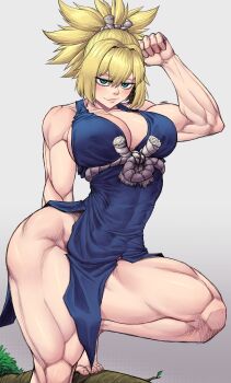 Rule 34 | 1girl, absurdres, artist name, bare shoulders, barefoot, blonde hair, blue dress, blue eyes, branch, breasts, collarbone, dr. stone, dress, female focus, hair ornament, highres, kohaku (dr. stone), large breasts, light blush, limn044, lips, muscular, muscular female, muscular legs, ponytail, simple background, thighs
