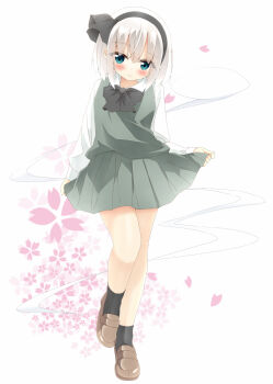 1girl black_bow black_bowtie black_hairband black_socks blush bow bowtie brown_shoes collared_shirt commentary_request full_body green_eyes green_skirt green_vest grey_hair hairband highres hitodama konpaku_youmu konpaku_youmu_(ghost) loafers long_sleeves looking_at_viewer petals pink_petals pleated_skirt shirt shishiky shoes skirt skirt_set socks solo touhou vest white_shirt