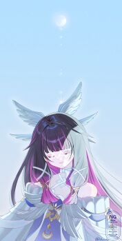 1girl absurdres bare_shoulders black_hair blunt_bangs closed_eyes closed_mouth columbina_(genshin_impact) commentary_request dress feathered_wings genshin_impact gradient_hair hair_ribbon head_wings highres juna22_a long_sidelocks multicolored_hair multiple_wings pink_hair ribbon sidelocks smile solo upper_body white_dress white_ribbon wings