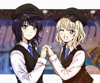 2girls ;d asaka_karin black_hat black_vest blonde_hair blue_eyes blue_necktie blurry blurry_background closed_mouth collared_shirt commentary_request diverdiva dress_shirt hat highres holding_hands interlocked_fingers letterboxed long_sleeves looking_at_viewer love_live! love_live!_nijigasaki_high_school_idol_club medium_hair miyashita_ai multiple_girls necktie one_eye_closed open_mouth outside_border purple_hair shirt smile split_mouth typeakiha73 vest white_shirt yellow_eyes
