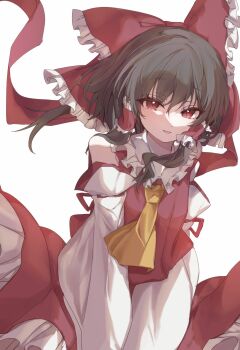 1girl ascot bow brown_hair commentary_request detached_sleeves frilled_bow frilled_hair_tubes frills hair_bow hair_tubes hakurei_reimu hayuk0 highres long_hair open_mouth red_bow red_eyes red_skirt ribbon-trimmed_sleeves ribbon_trim simple_background skirt skirt_set smile solo touhou white_background yellow_ascot