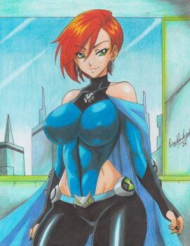 1girl absurdres aged_up belt ben_10 ben_10:_omniverse blue_leotard bodysuit breasts cloak earrings gloves green_eyes gwen_tennyson gwen_tennyson_(future) highres hood hooded_cloak jewelry large_breasts latex latex_gloves leotard multicolored_bodysuit omnitrix orange_hair pants pixie_cut ravernclouk_design short_hair solo thighs two-tone_bodysuit very_short_hair