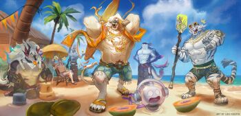 1other 6+boys ^^^ abs absurdres armpits artist_name bara bare_pectorals beach biceps blindfold boomboom claws closed_mouth coconut_tree commentary dislyte drew_(meta_anubis)_(dislyte) english_commentary furry furry_male goat_boy highres jackal_boy javid_(shamash)_(ventus_waltz)_(dislyte) jin_qiu_(ru_shou)_(wild_python)_(dislyte) lion_boy luis_huerta male_focus multiple_boys muscular muscular_male navel nipples open_mouth palm_tree papaya pawpads pectorals sand_castle sand_sculpture scared shark_boy smile sui_zai_(beast_nian)_(dislyte) suikawari surprised tetsuya_(akuru)_(dislyte) tiger_boy topless_male tree wide-eyed yu_ran_(bai_ze)_(dislyte)