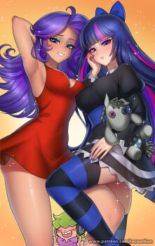 1boy 2girls :d alternate_skin_color arm_behind_head arm_up armpits aroused_nosebleed ass_peek bare_arms bare_shoulders black_dress black_hair black_thighhighs blood blue_eyes blue_eyeshadow blue_thighhighs blunt_bangs blunt_ends blush blush_stickers bow breasts character_request cleavage collared_dress commentary cosplay covered_erect_nipples covered_navel curly_hair dark-skinned_female dark_skin double_thumbs_up dress english_commentary eyelashes eyeshadow feet_out_of_frame frilled_dress frills green_hair grin hair_bow hand_on_own_cheek hand_on_own_face hand_up highres holding holding_stuffed_toy juliet_sleeves light_particles long_hair long_sleeves looking_at_viewer makeup medium_breasts multicolored_hair multiple_girls my_little_pony my_little_pony:_equestria_girls my_little_pony:_friendship_is_magic nail_polish nosebleed open_mouth orange_background panty_&amp;_stocking_with_garterbelt panty_(psg) panty_(psg)_(cosplay) parted_lips pink_hair puffy_sleeves purple_eyes purple_eyeshadow purple_hair purple_nails racoon-kun raised_eyebrow rarity_(equestria_girls) rarity_(my_little_pony) red_dress short_dress side-by-side sideboob simple_background skindentation sleeveless sleeveless_dress smile sparkle standing standing_on_one_leg stocking_(psg) stocking_(psg)_(cosplay) straight_hair streaked_hair striped_clothes striped_thighhighs stuffed_animal stuffed_horse stuffed_toy thighhighs thumbs_up tsurime twilight_sparkle twilight_sparkle_(human) two-tone_thighhighs very_long_hair watermark web_address zettai_ryouiki