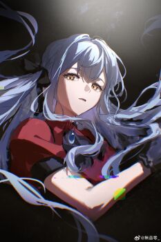 Rule 34 | 1girl, absurdres, ascot, bang dream!, bang dream! it's mygo!!!!!, black ascot, black ribbon, blue hair, chinese commentary, commentary request, floating hair, glitch, hair ribbon, highres, long hair, looking at viewer, muonrei00, open mouth, red shirt, ribbon, shirt, short sleeves, sidelocks, solo, togawa sakiko, upper body, weapon, yellow eyes