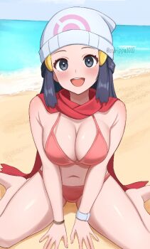 1girl :d alternate_breast_size_(larger) beach beanie bikini black_eyes black_hair blue_sky breasts cleavage cloud commentary_request dawn_(pokemon) day hat large_breasts looking_at_viewer nintendo ocean open_mouth outdoors pink_bikini pokemon pokemon_dppt red_scarf sand scarf sitting sky smile solo surippa1010 swimsuit wariza white_hat