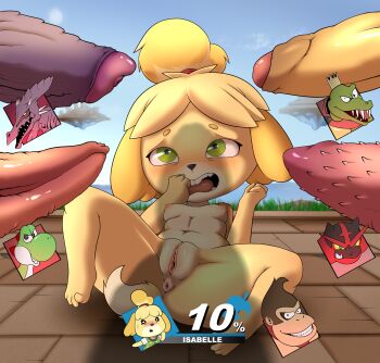 1girl 5boys absurdres animal_crossing animal_ears anus barefoot black_eyes blonde_hair blue_sky blush breasts character_name clenched_hands clitoral_hood cloud colored_sclera constricted_pupils crown day disembodied_penis dog_ears dog_girl dog_tail donkey_kong donkey_kong_(series) english_text erection floating_island full_body furry gameplay_mechanics gen_7_pokemon grass green_eyes grin hair_tie hands_up heads-up_display health_bar highres imminent_penetration incineroar isabelle_(animal_crossing) kektails king_k._rool large_penis looking_up lying mario_(series) metroid multiple_boys navel nintendo nipples nose_blush nude on_back open_mouth outdoors penis penis_shadow pokemon pokemon_(creature) pussy red_sclera ridley sharp_teeth short_hair sky small_breasts smile spread_legs super_mario_bros._1 super_smash_bros. surrounded_by_penises tail teeth tongue topknot uncensored user_interface white_eyes yellow_sclera yoshi