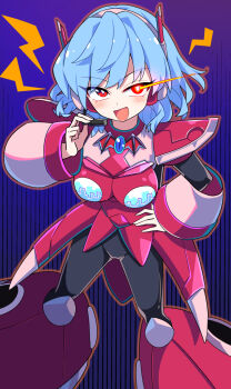 1girl :d android aqua_hair armor blue_hair breasts commentary_request commission cosplay cowboy_shot e.o. eye_trail glowing glowing_eye hand_on_own_hip headset highres holding holding_microphone joints large_breasts light_trail lightning_bolt_symbol looking_at_viewer mechanization mega_man_(series) mega_man_x_(series) microphone open_mouth red_armor red_eyes remilia_scarlet short_hair simple_background skeb_commission smile solo touhou