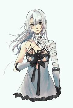 1girl 1ichi23 asymmetrical_bangs bandaged_arm bandaged_neck bandages black_gloves blue_negligee breasts closed_mouth commentary_request eyelashes gloves hair_down highres kaine_(nier) lingerie long_hair medium_breasts negligee nier nier_(series) pink_lips simple_background solo string underwear upper_body white_background white_hair yellow_eyes