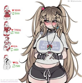 1girl black_choker black_gloves black_shorts blonde_hair blush breasts butterfly_earrings choker closed_mouth clothes_writing commentary cowboy_shot dokidomiki earrings embarrassed english_commentary fingernails gloves hair_between_eyes hair_ornament highres index_fingers_together jewelry large_breasts long_fingernails long_hair looking_to_the_side messy_hair midriff miki_(dokidomiki) mistletoe nail_polish necklace original pink_eyes pink_nails scar scar_on_stomach shirt short_shorts short_sleeves shorts simple_background solo star_(symbol) star_hair_ornament striped_clothes striped_gloves sweat twitter_strip_game wavy_mouth white_background white_shirt