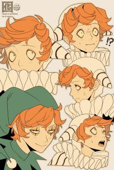 1boy absurdres aged_up black_eyes brown_hair freckles hat highres jester jester_cap looking_at_viewer male_focus multiple_views neck_ruff otori_0 portrait randal&#039;s_friends sebastian_de_tomato_smith_chicken_legs short_hair simple_background sweat