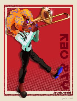 Rule 34 | 1girl, absurdres, black necktie, black pants, black shoes, black suspenders, border, character name, collared shirt, dark-skinned female, dark skin, dated, glint, grey border, hair over one eye, highres, holding, holding instrument, holding trombone, instrument, long sleeves, necktie, nintendo, orange hair, pants, patterned hair, purple eyes, red background, rush yoshi, shirt, shoes, smile, solo, splatoon (series), splatoon 3, suspenders, tao blu, tentacle hair, trombone, twitter username, white shirt