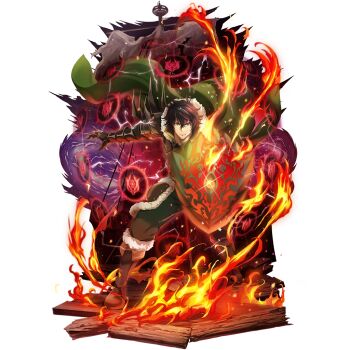 1boy armor artist_request black_armor black_hair boots breastplate brown_armor brown_boots cloak couter fire frown full_body fur-trimmed_armor fur-trimmed_boots fur-trimmed_hood fur_trim game_cg gauntlets green_cloak green_eyes green_pants hair_between_eyes holding holding_shield hood hood_down hooded_cloak iwatani_naofumi knee_boots leather_armor legendary_shield_(shield_of_wrath)_(tate_no_yuusha_no_nariagari) legendary_shield_(tate_no_yuusha_no_nariagari) looking_at_viewer male_focus messy_hair official_art outstretched_arm pants pauldrons red_sky rerebrace sailing_ship shield short_hair shoulder_armor simple_background sky solo spiked_pauldrons spiked_rerebrace spikes standing straight-on tassets tate_no_yuusha_no_nariagari tate_no_yuusha_no_nariagari_rerise transparent_background v-shaped_eyebrows vambraces wooden_floor