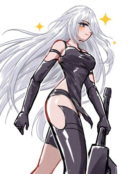 1girl a2_(nier:automata) bare_shoulders black_dress blue_eyes breasts cowboy_shot dress grey_background grey_hair holding holding_weapon kamaniki long_hair medium_breasts mole mole_under_eye nier:automata nier_(series) simple_background solo sparkle weapon white_background