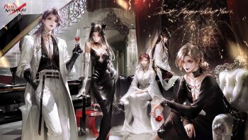 5girls absurdres angell_(path_to_nowhere) belt black_dress black_gloves black_hair blonde_hair breasts cleavage crossed_legs cup dress drinking_glass elbow_gloves fireworks gloves hands_on_lap happy_new_year high_ponytail highres holding holding_cup indoors instrument jewelry langley_(path_to_nowhere) long_sleeves looking_at_viewer multicolored_hair multiple_girls new_year official_art parted_bangs path_to_nowhere piano ponytail rahu_(path_to_nowhere) ring shalom_(path_to_nowhere) sitting stairs white_dress white_gloves zoya_(path_to_nowhere)