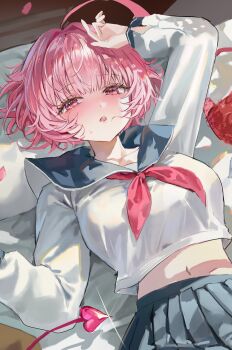 1girl absurdres arm_up blue_sailor_collar blue_skirt blush character_request copyright_request demon_tail highres lying neckerchief on_back open_mouth pink_eyes pink_hair pink_neckerchief pleated_skirt sailor_collar shirt short_hair skirt solo sweatdrop tail teeth teru_(s2_teru) upper_teeth_only white_shirt