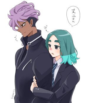 2boys aqua_hair arm_hug bad_tag black_jacket blue_eyes blue_necktie collared_shirt dark-skinned_male dark_skin highres inazuma_eleven_(series) inazuma_eleven_victory_road jacket kojou_shion male_focus medium_hair multicolored_hair multiple_boys necktie purple_hair sakurazaki_jouji sasanami_unmei shirt simple_background striped_necktie two-tone_hair two-tone_necktie upper_body white_background white_shirt