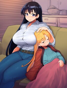 2girls arato_nagi belt black_hair blanket blonde_hair blue_eyes blue_pants blush breasts button_gap closed_eyes closed_mouth collared_shirt commentary_request denim dress_shirt green_sweater highres indoors jacket jacket_on_shoulders large_breasts long_hair looking_to_the_side madsensei multiple_girls pants ruri_no_houseki shirt shirt_tucked_in sitting sleeping smile sweater tanigawa_ruri white_shirt window_blinds